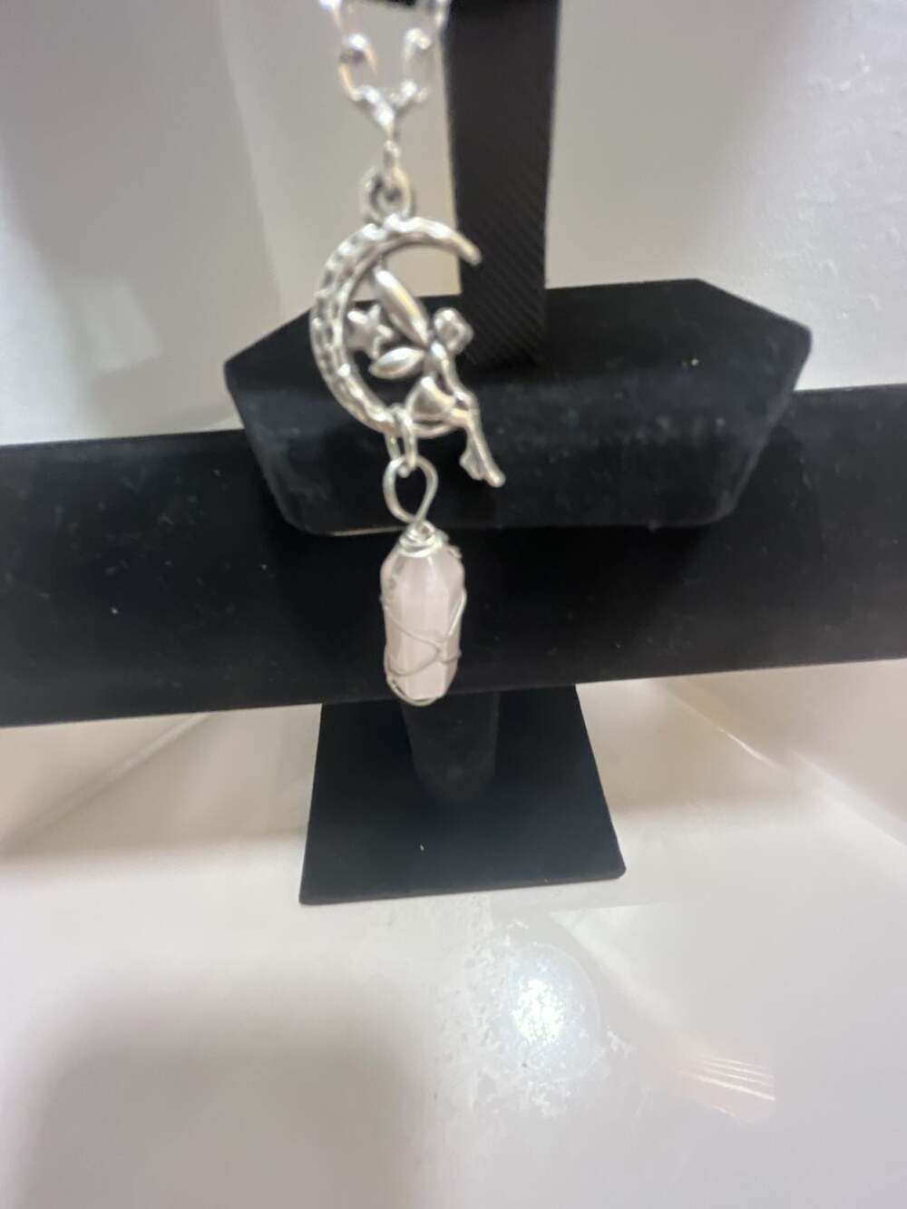 Wire Wrapped Rose Quartz Crystal and Crescent Moon Pendant Necklace